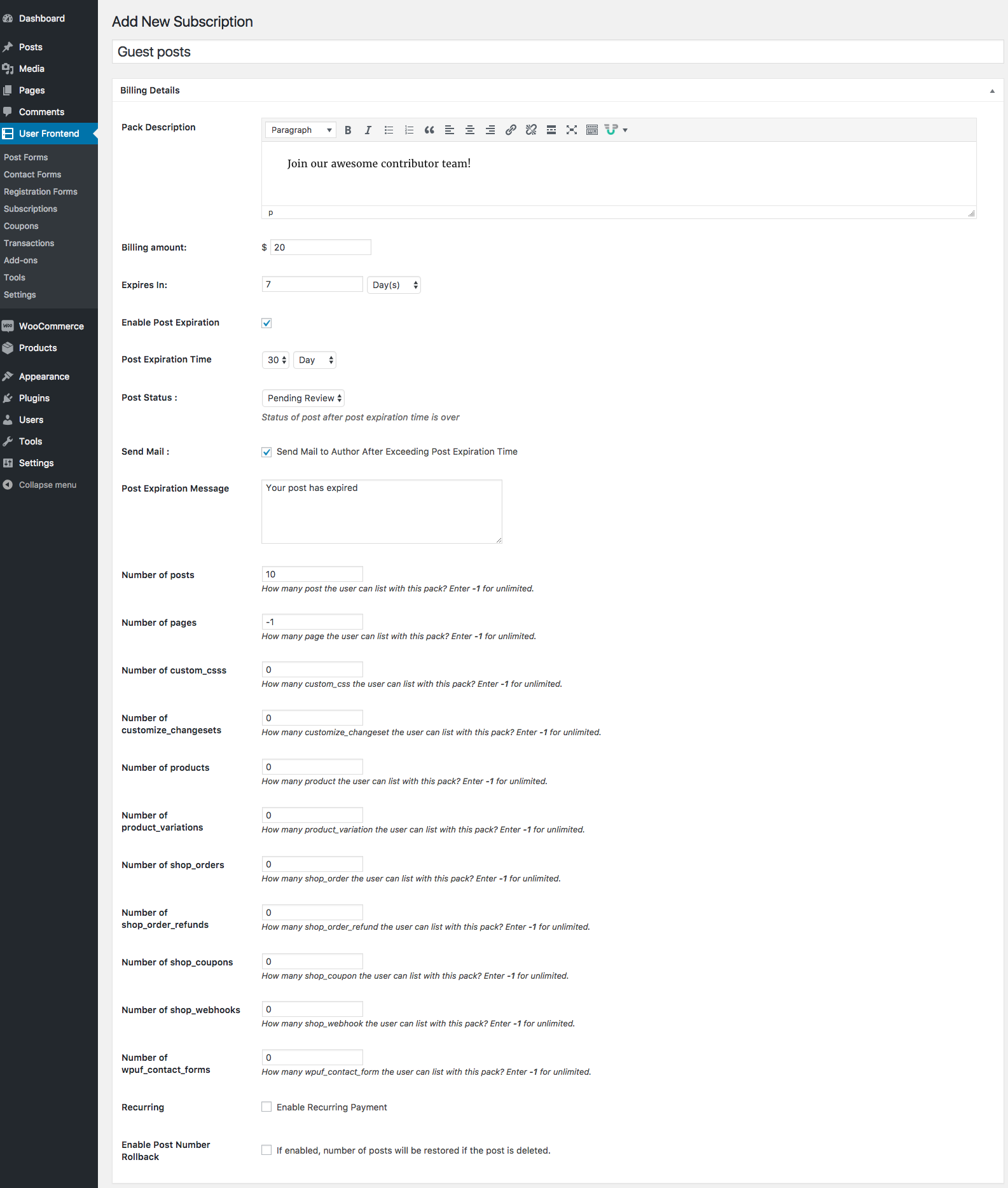 create subscription pack