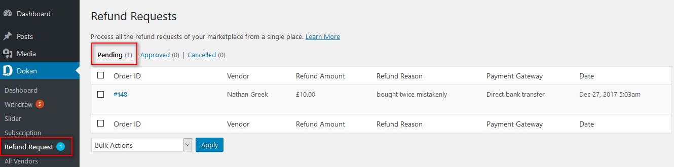 Dokan refund request pending