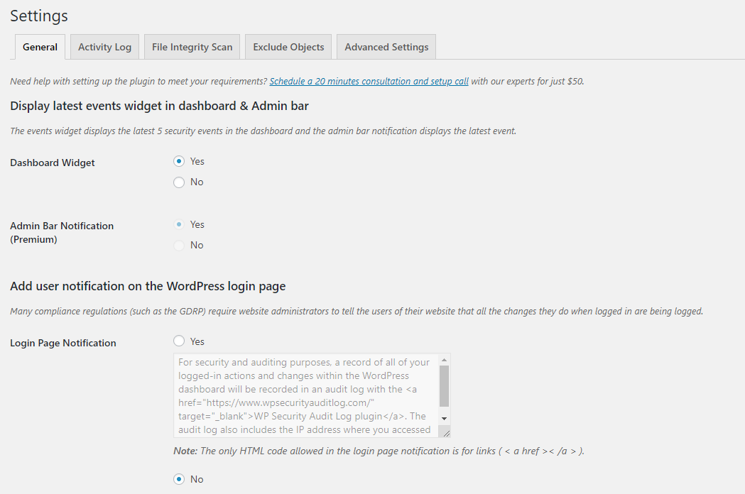 General settings audit log plugin
