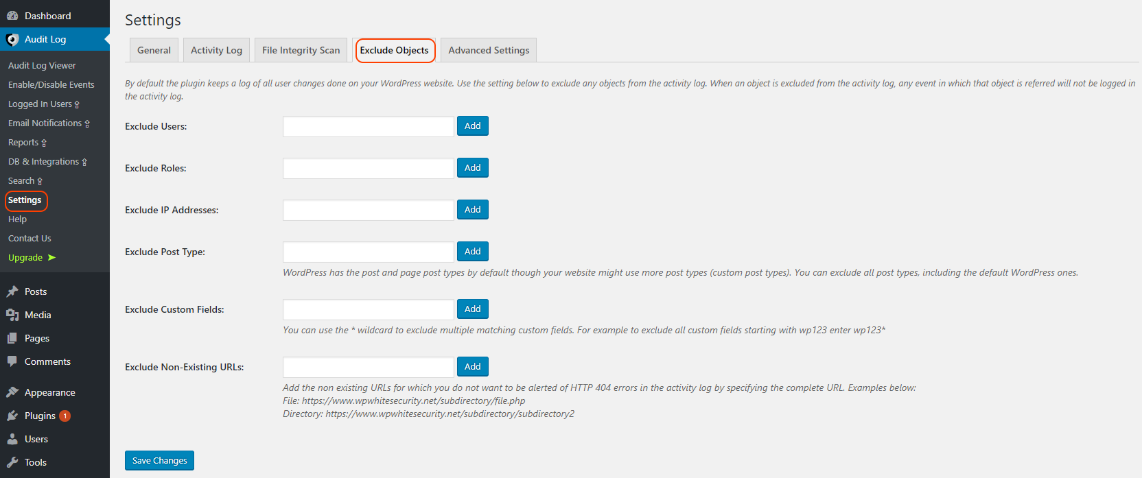 exclude object tab