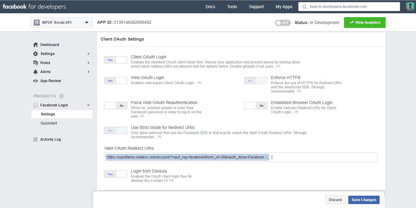 Facebook app settings