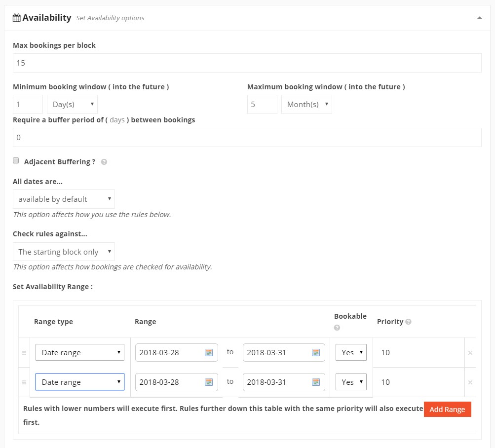 Vendor bookable product availibity settings