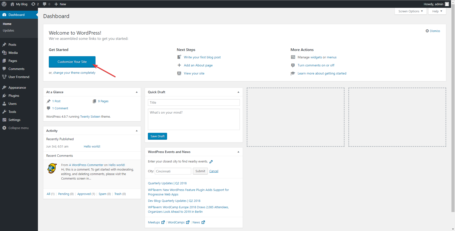 Admin dashboard wordPress