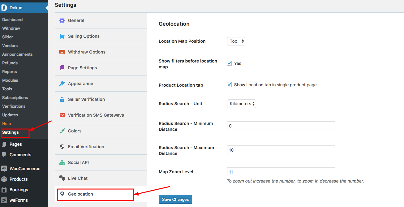 Dokan Geolocation Settings