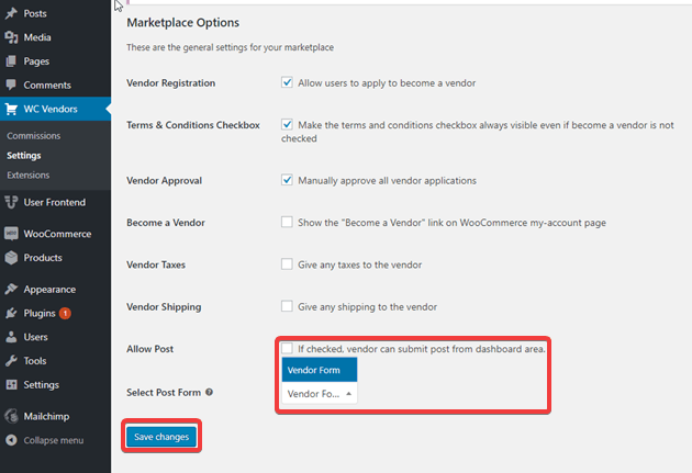 Integrate Wp User Frontend and WC Vendor post and form selection