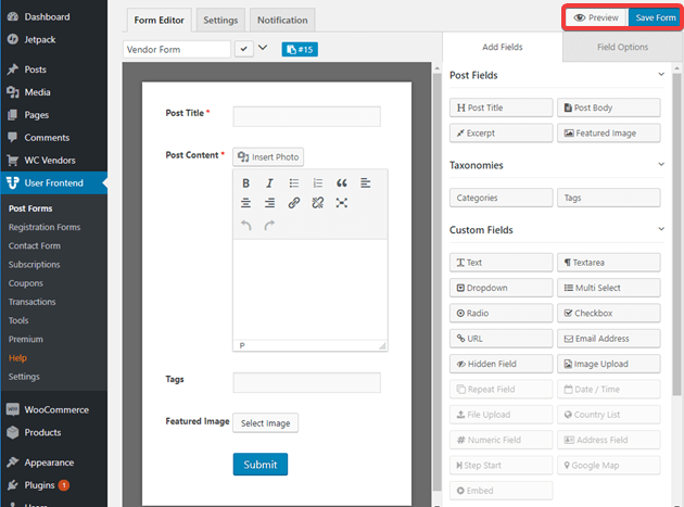 Integrate Wp User Frontend and WC Vendor User-Submitted Form with WPUF