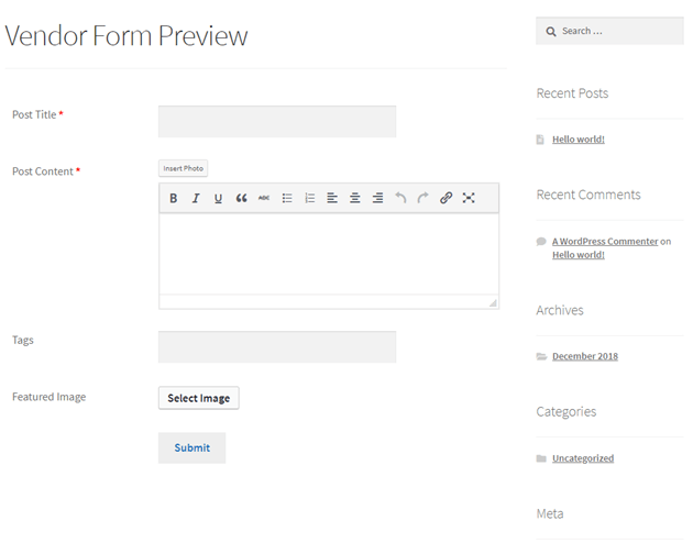 Integrate Wp User Frontend and WC Vendor Preview of the form