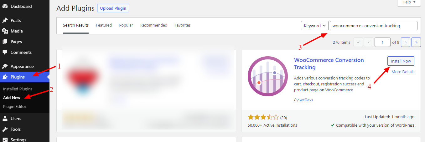 Install WooCommerce conversion tracking plugin