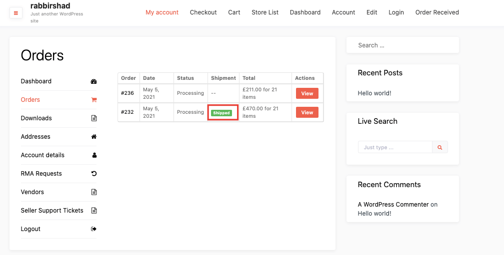 customer shipped Dokan shipping status