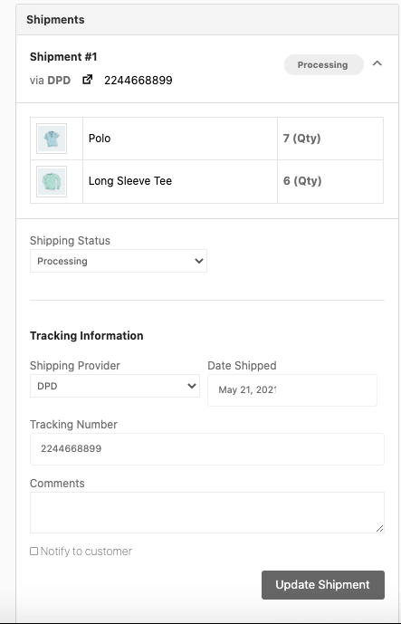 update shipment
