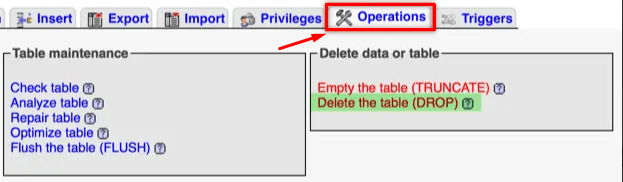 This is a screenshot to Delete Table from phpmyadmin