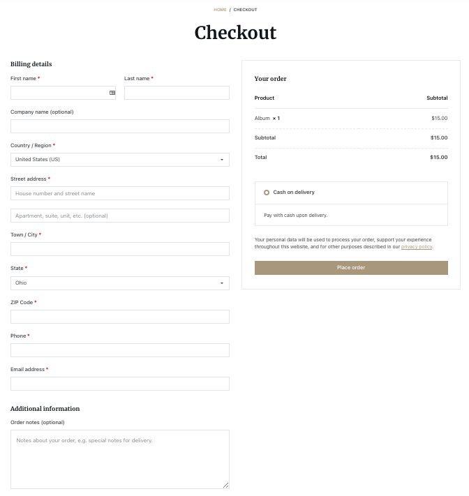 This is a screenshot of the default woocommerce checkout page