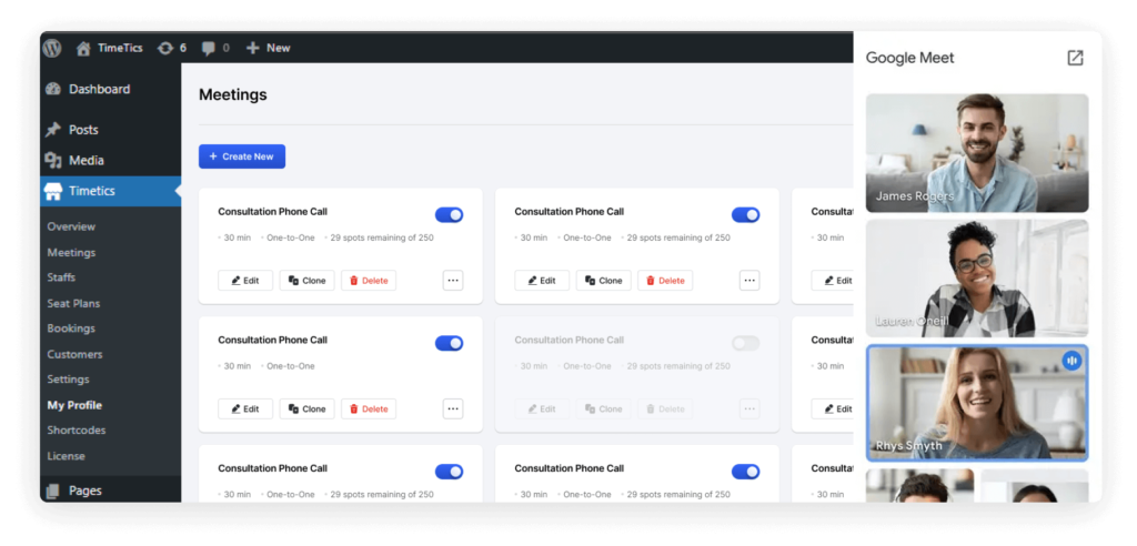 A screenshot of Google Meet and Calendar Integration with timetics