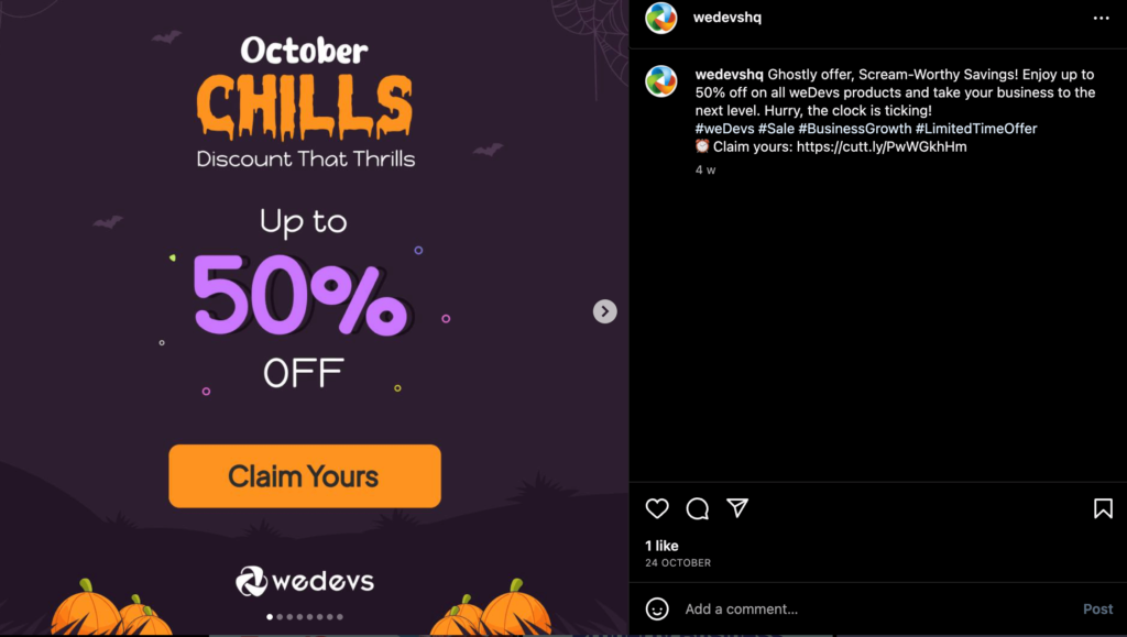 This is an example of halloween deals from wedevs on instagram