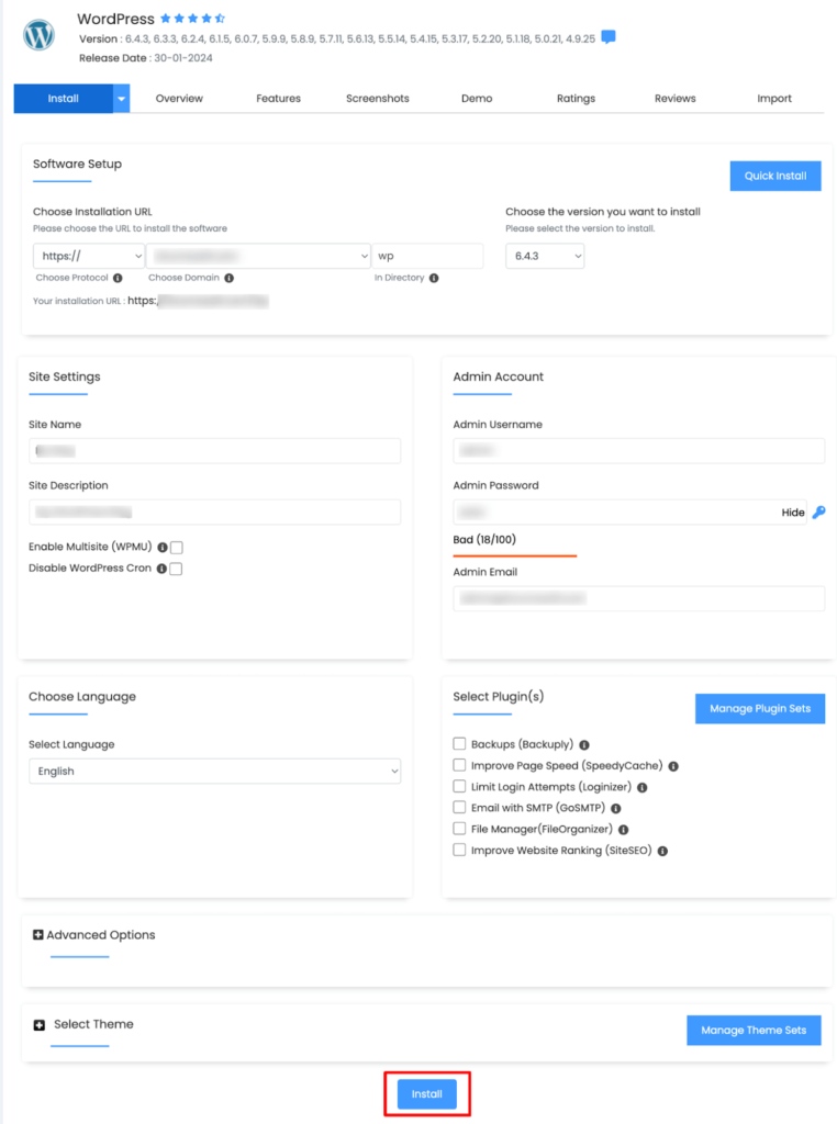 This image shows how to install WordPress using control panel