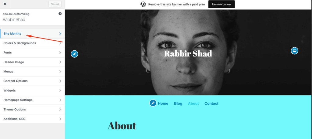 This is a screenshot of the Site Identity tab of WordPress.com