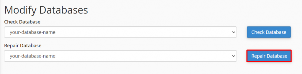 Modify databases window showing where to choose Repair Database option