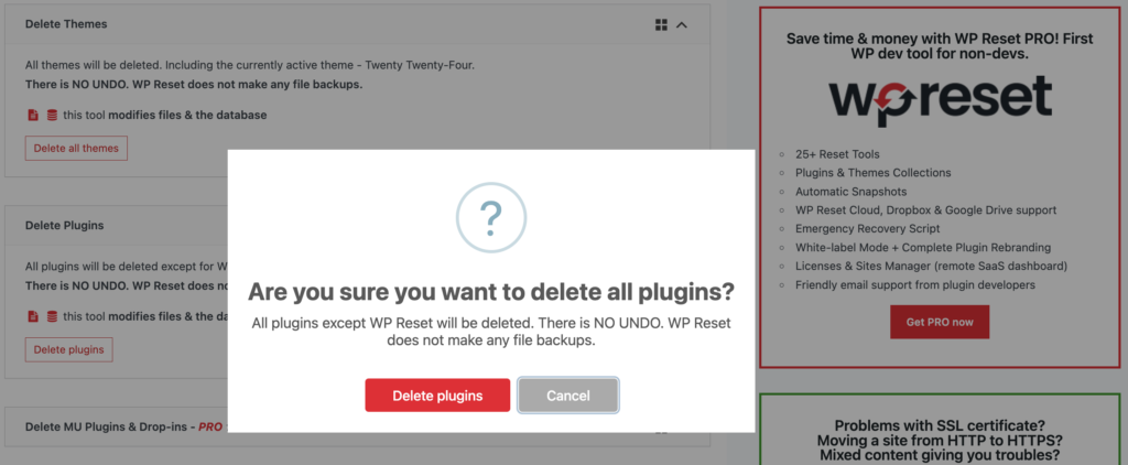 A screenshot to the confirmation message to delete plugin