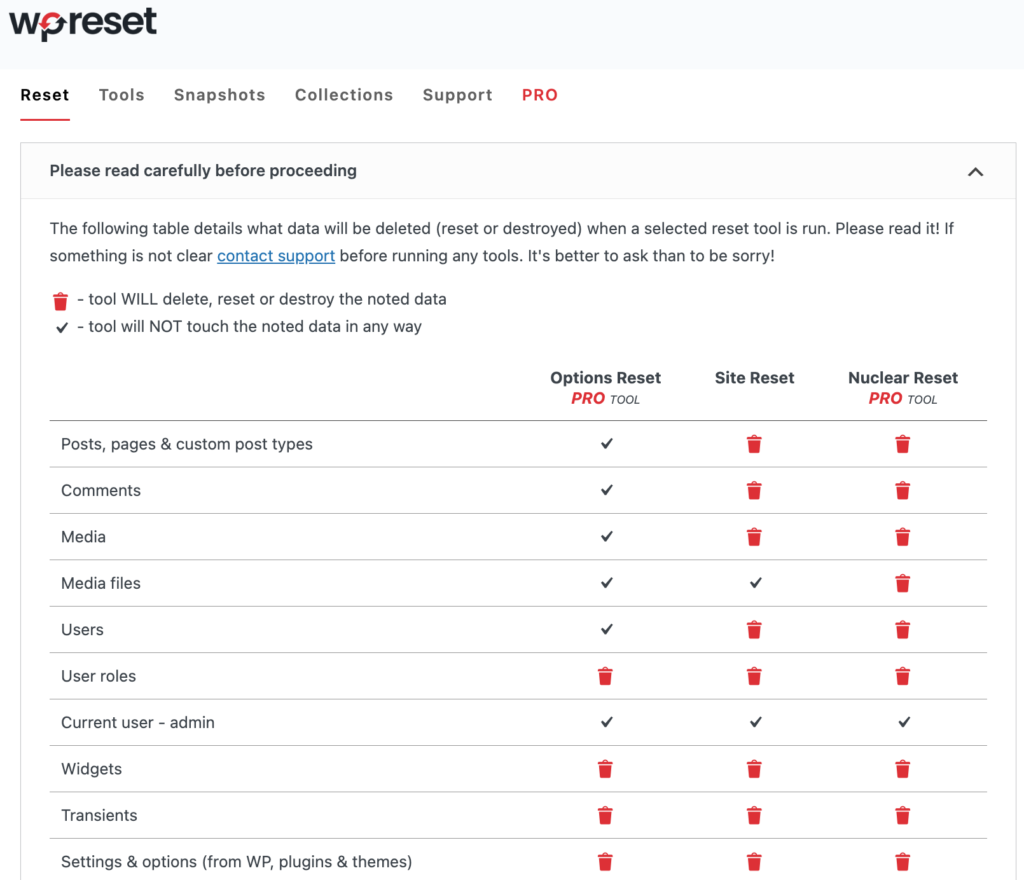 This is a screenshoot shooowing wp reset setting options