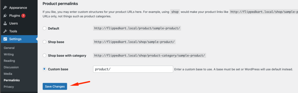 This is a screenshot of product permalinks settings