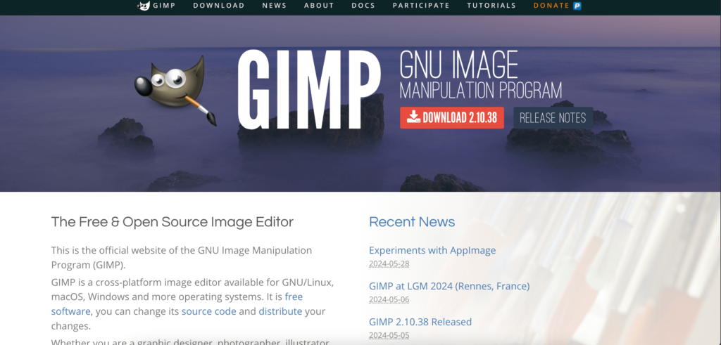 This is a screenshot of Gimp Homepage