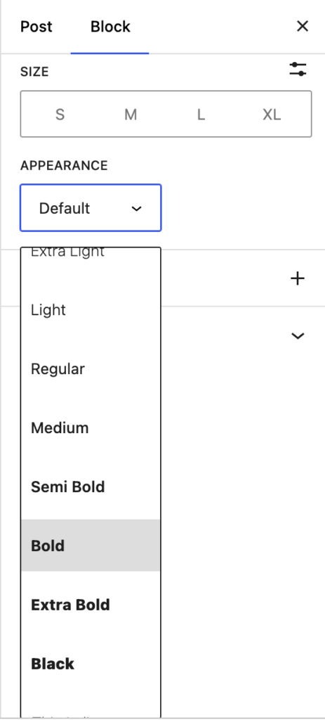 This is a screenshot of apperance options for changing fonts