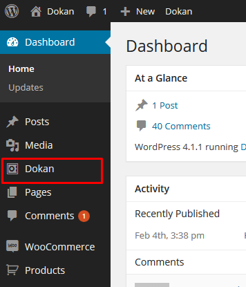 Default menu location of Dokan plugin