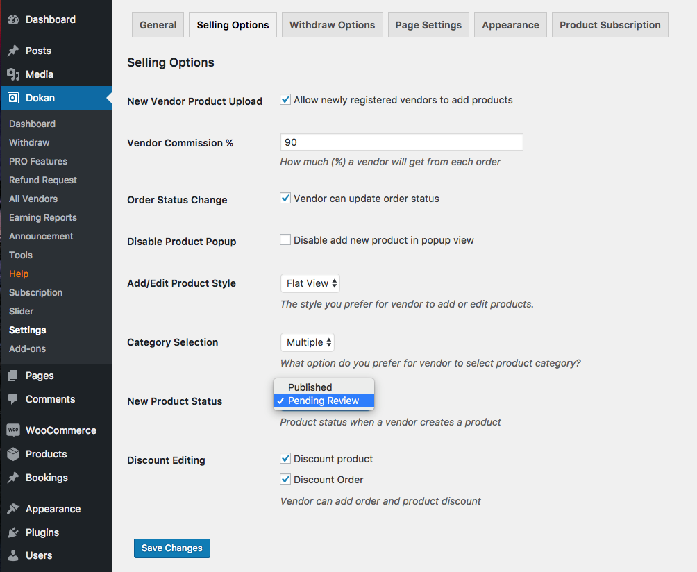 dokan product approval settings