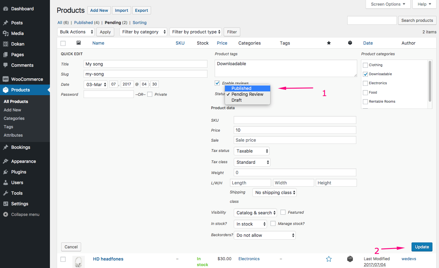 quick approval dokan product